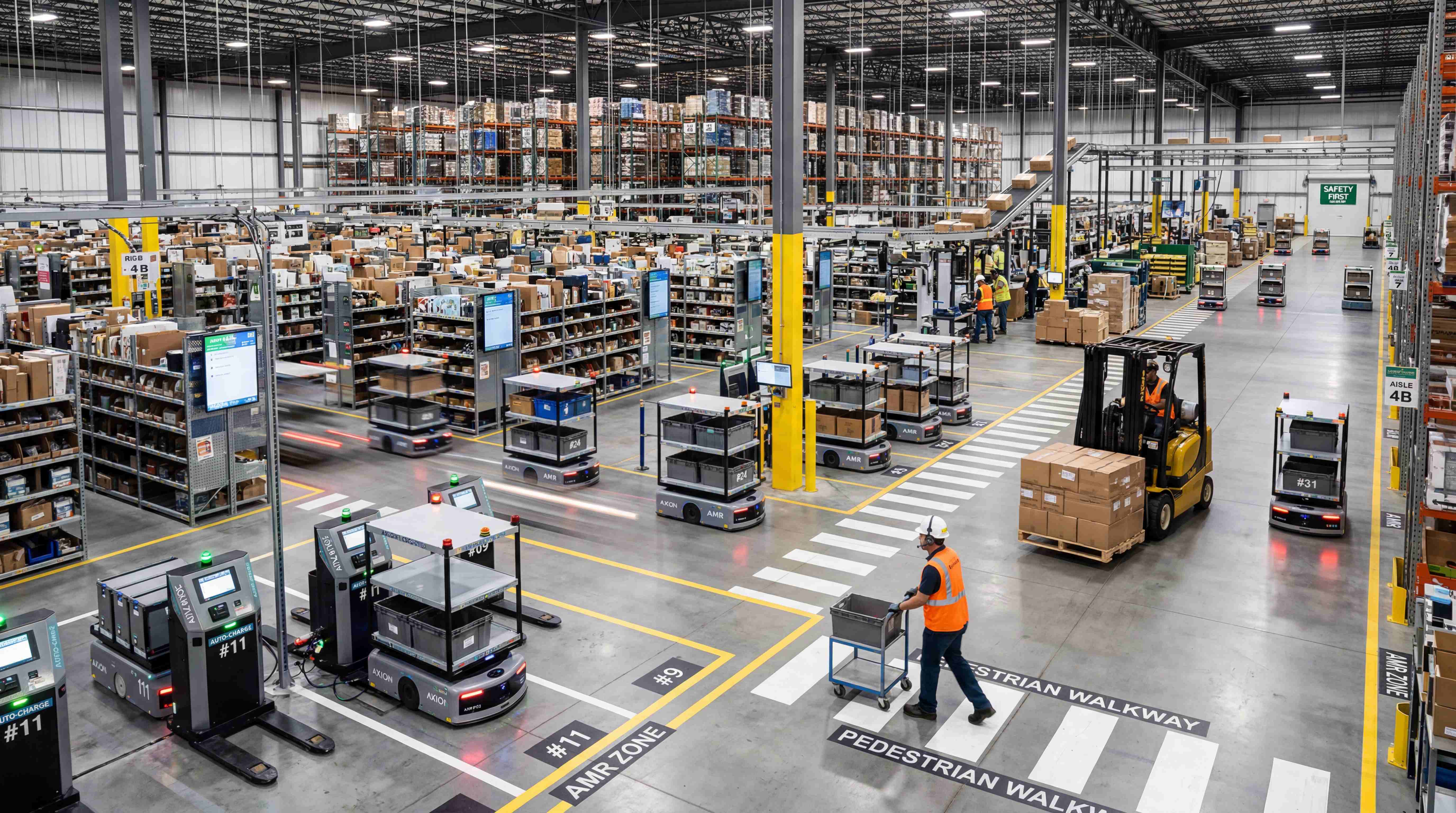 AMRs operating in a production warehouse with pedestrian walkways, robot zones and forklift traffic validation